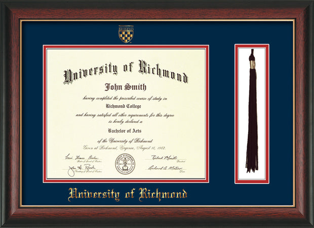 Image of University of Richmond Diploma Frame - Rosewood w/Gold Lip - w/Embossed Seal & Name - Tassel Holder - Navy on Red mats