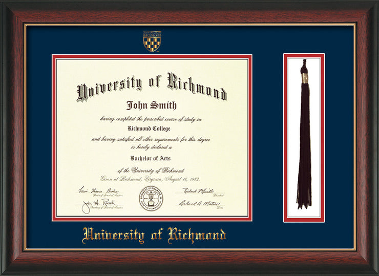 Image of University of Richmond Diploma Frame - Rosewood w/Gold Lip - w/Embossed Seal & Name - Tassel Holder - Navy on Red mats