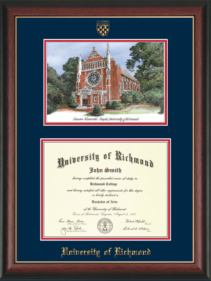 Image of University of Richmond Diploma Frame - Rosewood w/Gold Lip - w/Embossed Seal & Name - Watercolor - Navy on Red mats