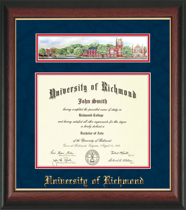 Image of University of Richmond Diploma Frame - Rosewood w/Gold Lip - w/Embossed School Name Only - Campus Collage - Navy Suede on Red mat