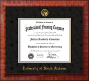 Image of University of South Alabama Diploma Frame - Mezzo Gloss - w/USA Embossed Seal & Name - Black Suede on Gold mats