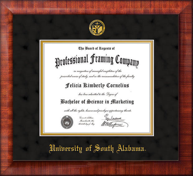 Image of University of South Alabama Diploma Frame - Mezzo Gloss - w/USA Embossed Seal & Name - Black Suede on Gold mats