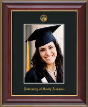Image of University of South Alabama - 5 x 7 Photo Frame - Cherry Lacquer - w/Official Embossing of USA Seal & Name - Single Black mat