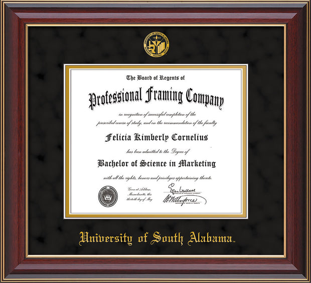Image of University of South Alabama Diploma Frame - Cherry Lacquer - w/USA Embossed Seal & Name - Black Suede on Gold mats