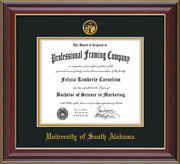 Image of University of South Alabama Diploma Frame - Cherry Lacquer - w/USA Embossed Seal & Name - Black on Gold mats