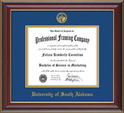 University of South Alabama Diploma Frame - Cherry Lacquer - w/USA Embossed Seal & Name - Royal Blue on Gold mats