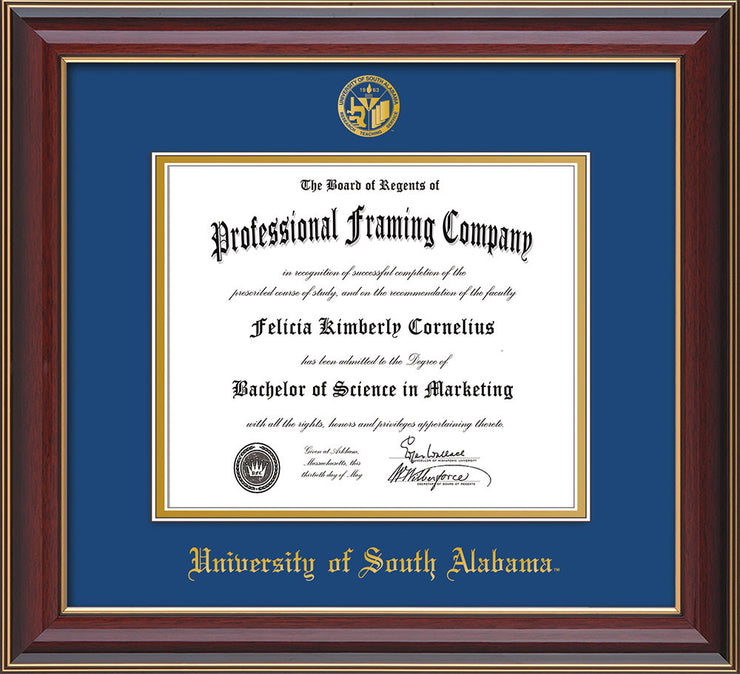 University of South Alabama Diploma Frame - Cherry Lacquer - w/USA Embossed Seal & Name - Royal Blue on Gold mats
