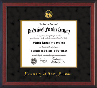 Image of University of South Alabama Diploma Frame - Cherry Reverse - w/USA Embossed Seal & Name - Black Suede on Gold mats