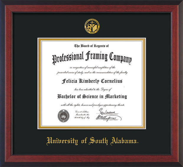 Image of University of South Alabama Diploma Frame - Cherry Reverse - w/USA Embossed Seal & Name - Black on Gold mats