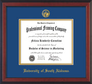 Image of University of South Alabama Diploma Frame - Cherry Reverse - w/USA Embossed Seal & Name - Royal Blue on Gold mats