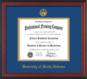 Image of University of South Alabama Diploma Frame - Cherry Reverse - w/USA Embossed Seal & Name - Royal Blue on Gold mats