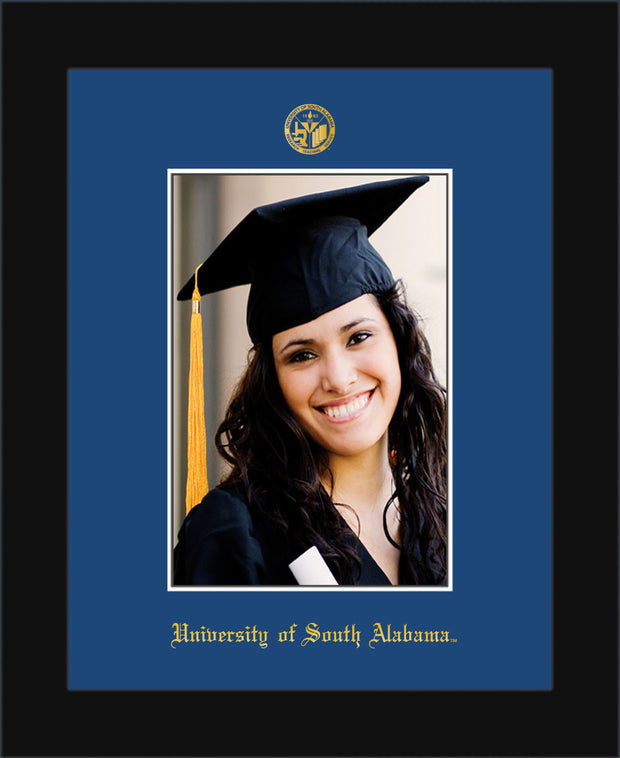 Image of University of South Alabama - 5 x 7 Photo Frame - Flat Matte Black - w/Official Embossing of USA Seal & Name - Single Royal Blue mat