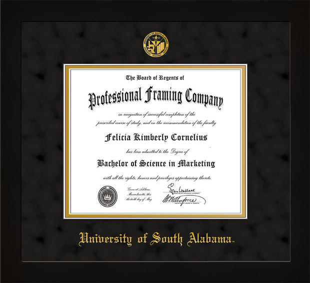 Image of University of South Alabama Diploma Frame - Flat Matte Black - w/USA Embossed Seal & Name - Black Suede on Gold mats