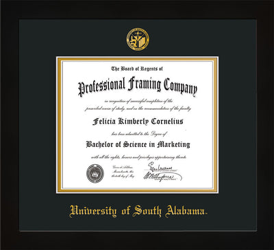 Image of University of South Alabama Diploma Frame - Flat Matte Black - w/USA Embossed Seal & Name - Black on Gold mats