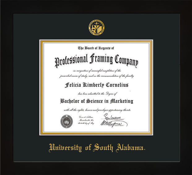 Image of University of South Alabama Diploma Frame - Flat Matte Black - w/USA Embossed Seal & Name - Black on Gold mats