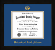 Image of University of South Alabama Diploma Frame - Flat Matte Black - w/USA Embossed Seal & Name - Royal Blue on Gold mats