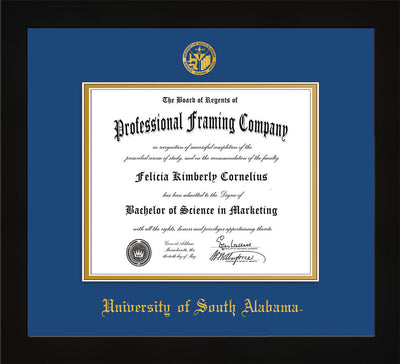 Image of University of South Alabama Diploma Frame - Flat Matte Black - w/USA Embossed Seal & Name - Royal Blue on Gold mats