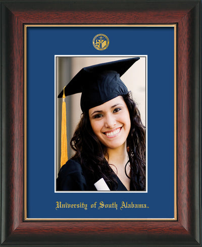 Image of University of South Alabama - 5 x 7 Photo Frame - Rosewood w/Gold Lip - w/Official Embossing of USA Seal & Name - Single Royal Blue mat