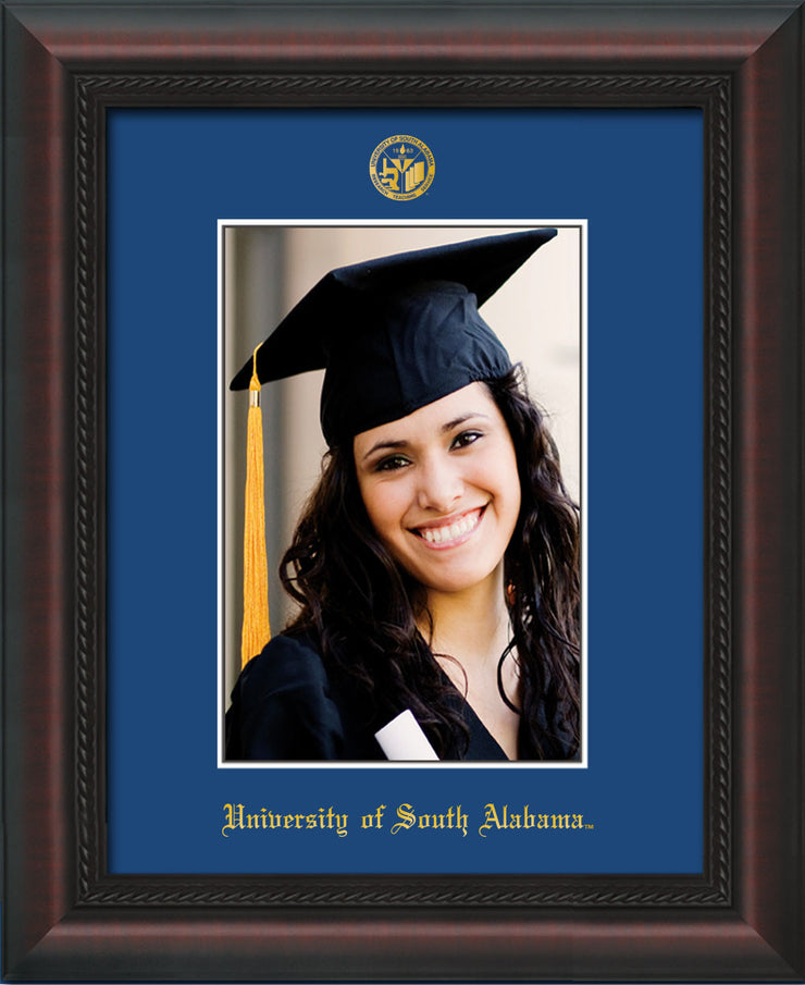 Image of University of South Alabama - 5 x 7 Photo Frame - Mahogany Braid - w/Official Embossing of USA Seal & Name - Single Royal Blue mat