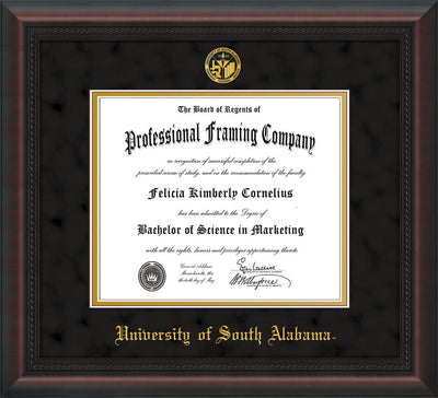 Image of University of South Alabama Diploma Frame - Mahogany Braid - w/USA Embossed Seal & Name - Black Suede on Gold mats