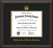 Image of University of South Alabama Diploma Frame - Mahogany Braid - w/USA Embossed Seal & Name - Black on Gold mats
