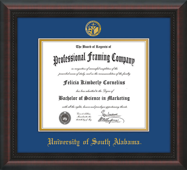 Image of University of South Alabama Diploma Frame - Mahogany Braid - w/USA Embossed Seal & Name - Royal Blue on Gold mats