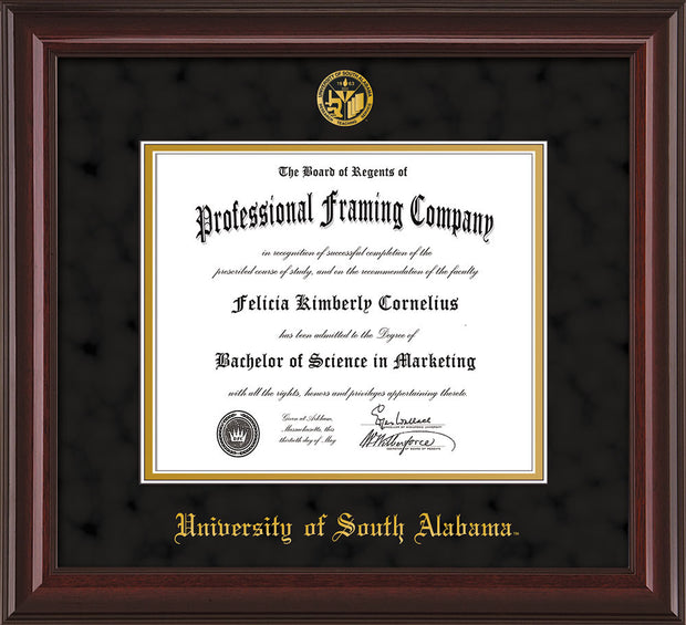Image of University of South Alabama Diploma Frame - Mahogany Lacquer - w/USA Embossed Seal & Name - Black Suede on Gold mats