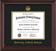 Image of University of South Alabama Diploma Frame - Mahogany Lacquer - w/USA Embossed Seal & Name - Black on Gold mats