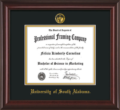 Image of University of South Alabama Diploma Frame - Mahogany Lacquer - w/USA Embossed Seal & Name - Black on Gold mats