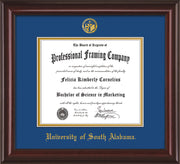 Image of University of South Alabama Diploma Frame - Mahogany Lacquer - w/USA Embossed Seal & Name - Royal Blue on Gold mats