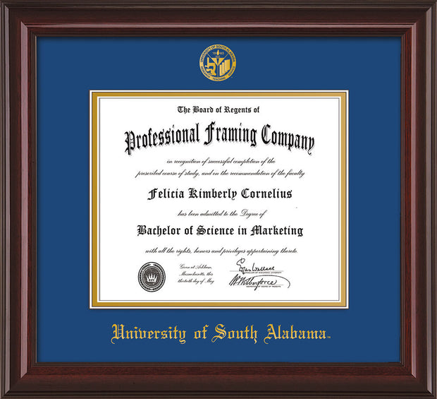 Image of University of South Alabama Diploma Frame - Mahogany Lacquer - w/USA Embossed Seal & Name - Royal Blue on Gold mats