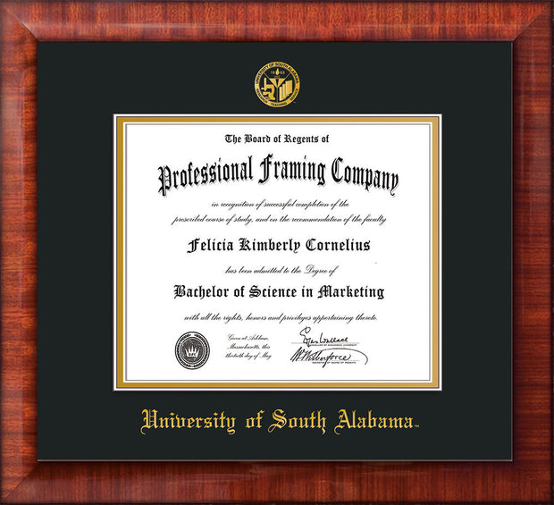 Image of University of South Alabama Diploma Frame - Mezzo Gloss - w/USA Embossed Seal & Name - Black on Gold mats