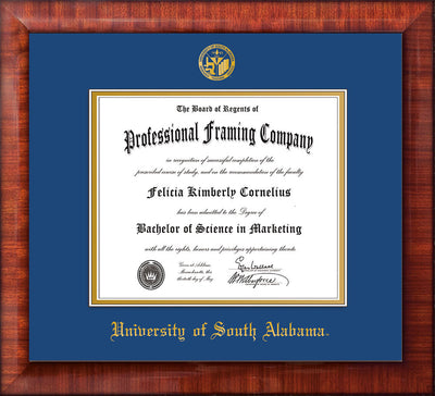 Image of University of South Alabama Diploma Frame - Mezzo Gloss - w/USA Embossed Seal & Name - Royal Blue on Gold mats