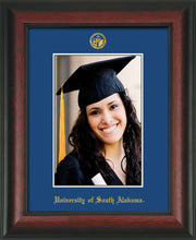 Image of University of South Alabama - 5 x 7 Photo Frame - Rosewood - w/Official Embossing of USA Seal & Name - Single Royal Blue mat