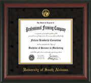 Image of University of South Alabama Diploma Frame - Rosewood - w/USA Embossed Seal & Name - Black Suede on Gold mats