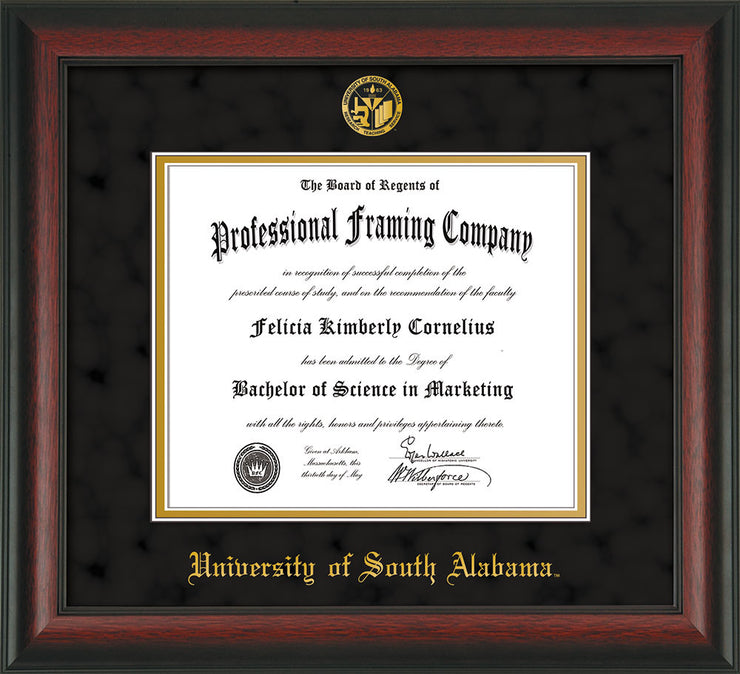 Image of University of South Alabama Diploma Frame - Rosewood - w/USA Embossed Seal & Name - Black Suede on Gold mats