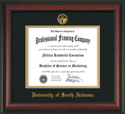 Image of University of South Alabama Diploma Frame - Rosewood - w/USA Embossed Seal & Name - Black on Gold mats