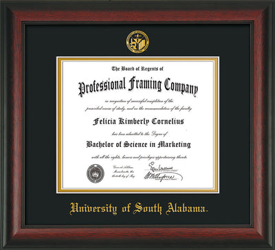 Image of University of South Alabama Diploma Frame - Rosewood - w/USA Embossed Seal & Name - Black on Gold mats