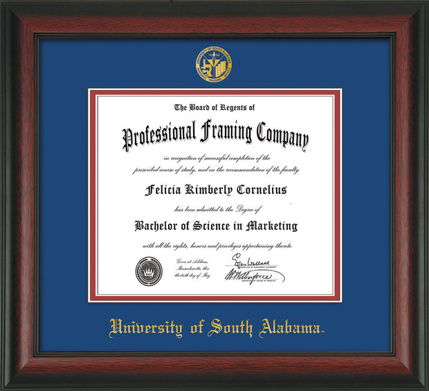Image of University of South Alabama Diploma Frame - Rosewood - w/USA Embossed Seal & Name - Royal Blue on Crimson mats