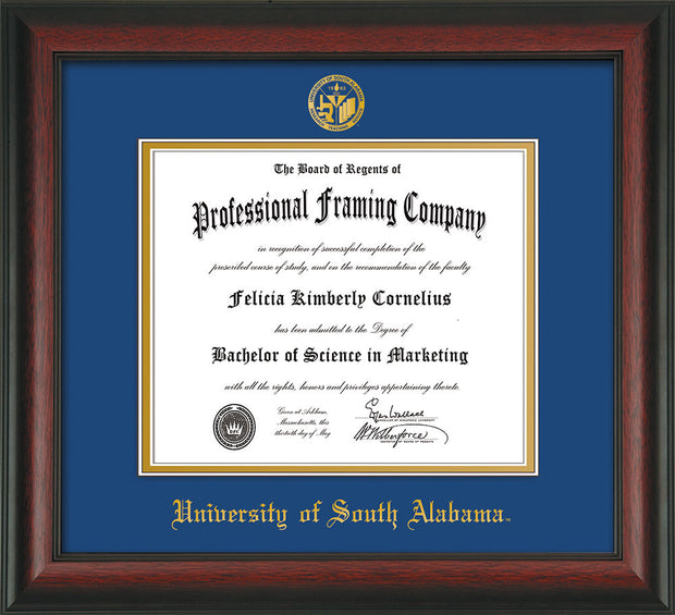 Image of University of South Alabama Diploma Frame - Rosewood - w/USA Embossed Seal & Name - Royal Blue on Gold mats