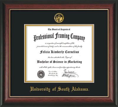 Image of University of South Alabama Diploma Frame - Rosewood w/Gold Lip - w/USA Embossed Seal & Name - Black on Gold mats