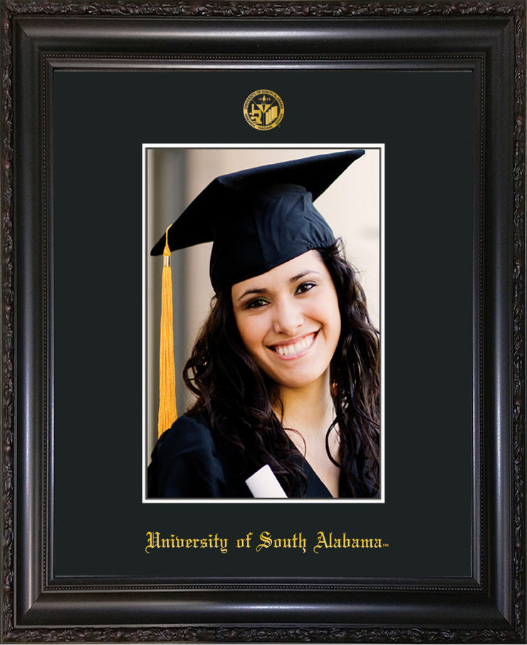 Image of University of South Alabama - 5 x 7 Photo Frame - Vintage Black Scoop - w/Official Embossing of USA Seal & Name - Single Black mat