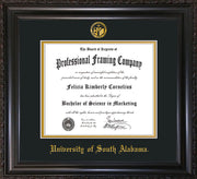 Image of University of South Alabama Diploma Frame - Vintage Black Scoop - w/USA Embossed Seal & Name - Black on Gold mats