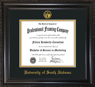 Image of University of South Alabama Diploma Frame - Vintage Black Scoop - w/USA Embossed Seal & Name - Black on Gold mats