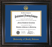 Image of University of South Alabama Diploma Frame - Vintage Black Scoop - w/USA Embossed Seal & Name - Royal Blue on Gold mats