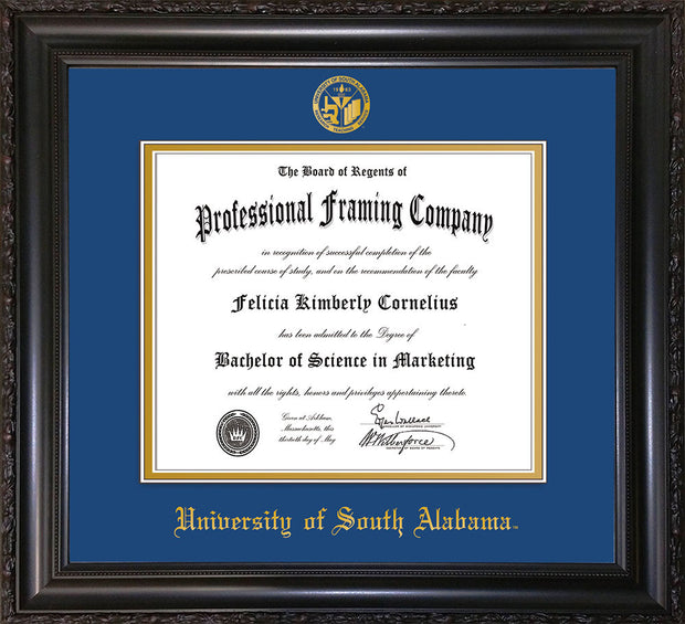 Image of University of South Alabama Diploma Frame - Vintage Black Scoop - w/USA Embossed Seal & Name - Royal Blue on Gold mats