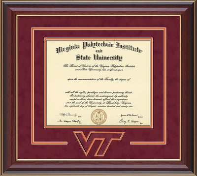 Image of Virginia Tech Diploma Frame - Cherry Lacquer - w/3D Laser VT Logo Cutout - Maroon Suede on Orange mat