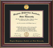 Image of Virginia Tech Diploma Frame - Cherry Lacquer - w/24k Gold-Plated Medallion VT Name Embossing - Black on Maroon mats