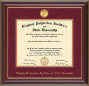 Image of Virginia Tech Diploma Frame - Cherry Lacquer - w/24k Gold-Plated Medallion VT Name Embossing - Maroon Suede on Orange mats