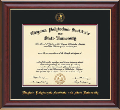 Image of Virginia Tech Diploma Frame - Cherry Lacquer - w/Embossed VT Seal & Name - Black on Maroon mat